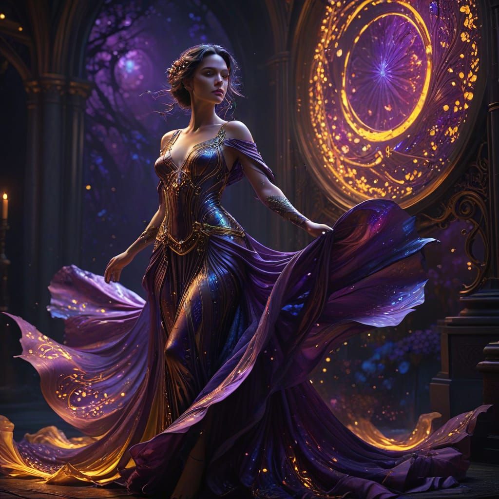 Surreal Goddess in Iridescent Gown Under Strobe Lights