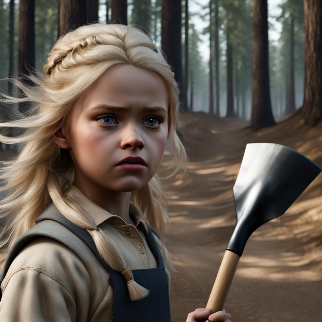 Angry Blonde Girl with Shovel: Hyperrealistic Portrait