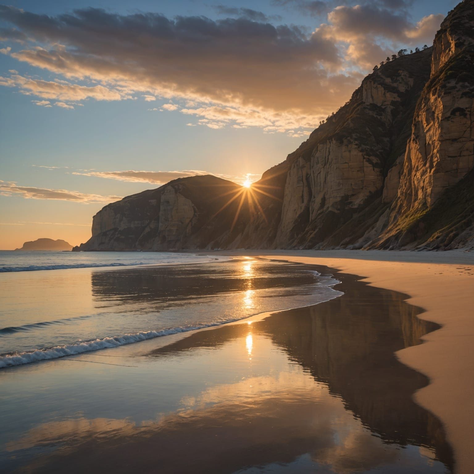 A stunning sunrise over a serene coastal landscape on october 29. The soft golden light of the morning sun illuminates t...