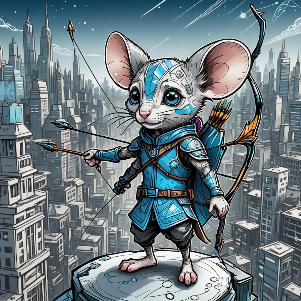Hawkeye Mouse Archer in a Futuristic Cityscape