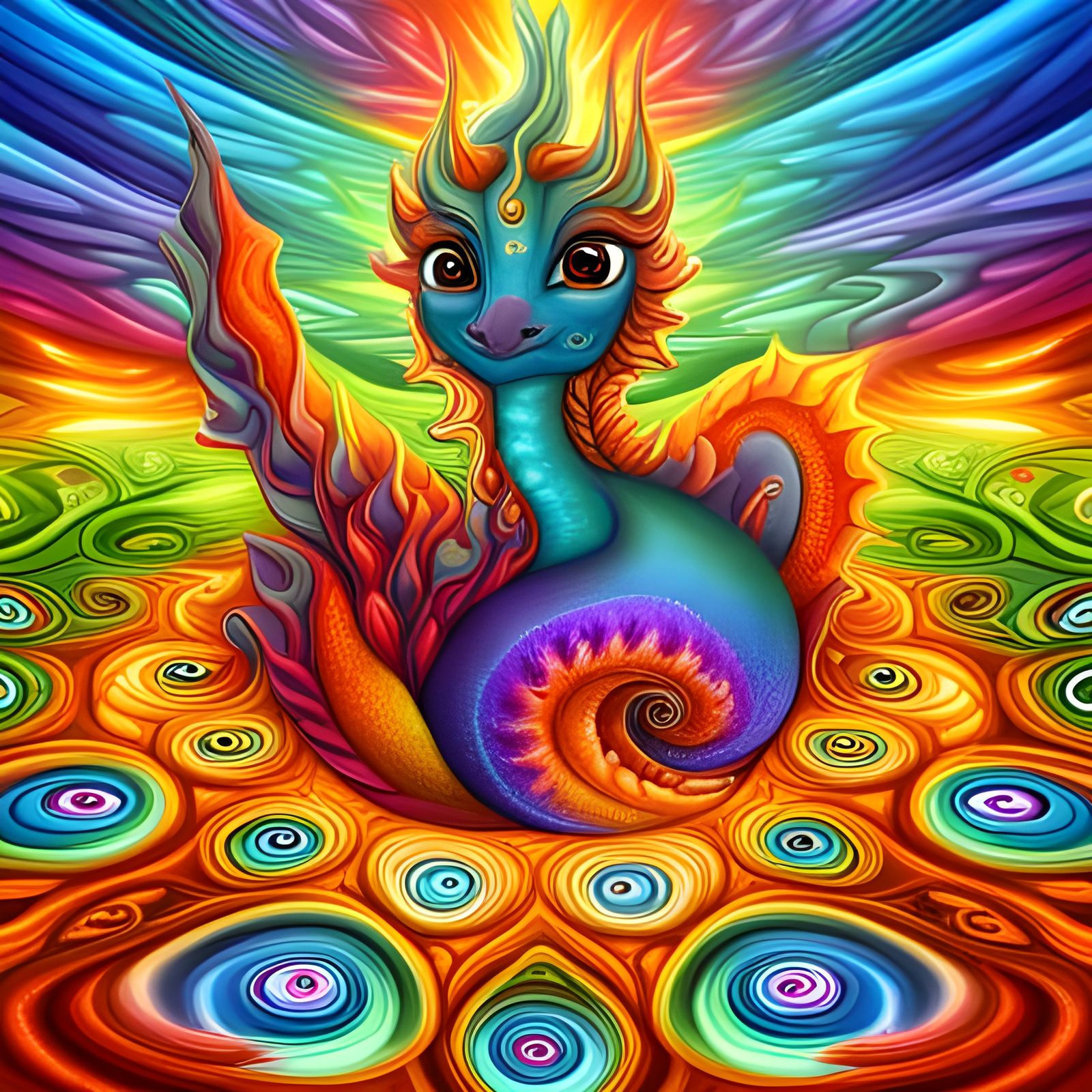 Rainbow Baby Dragon in Flower Pool: Impasto Painting