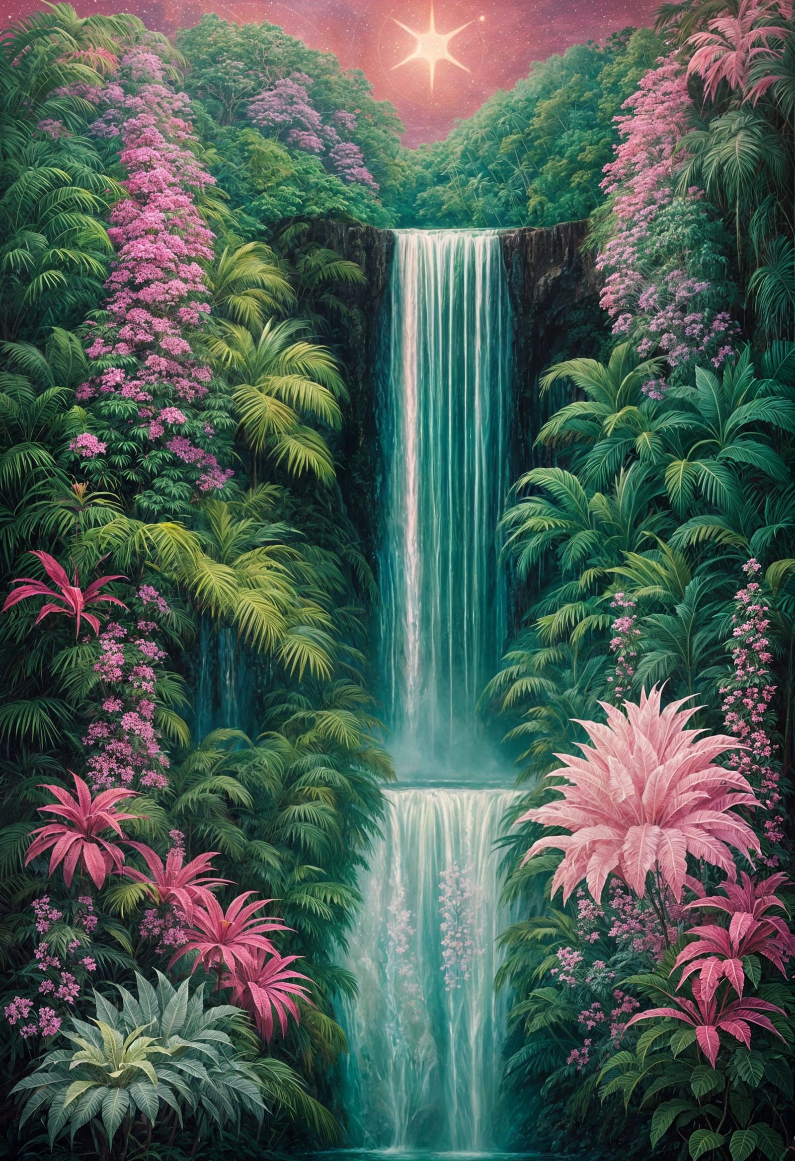 Pink Starlight Waterfall Oil Painting with Tropical Foliage