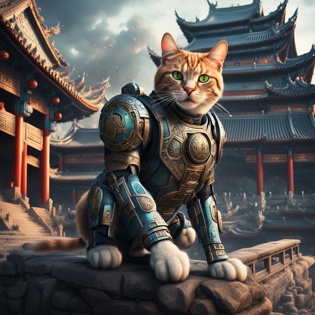 Cyborg Cat in Ancient Chinese City