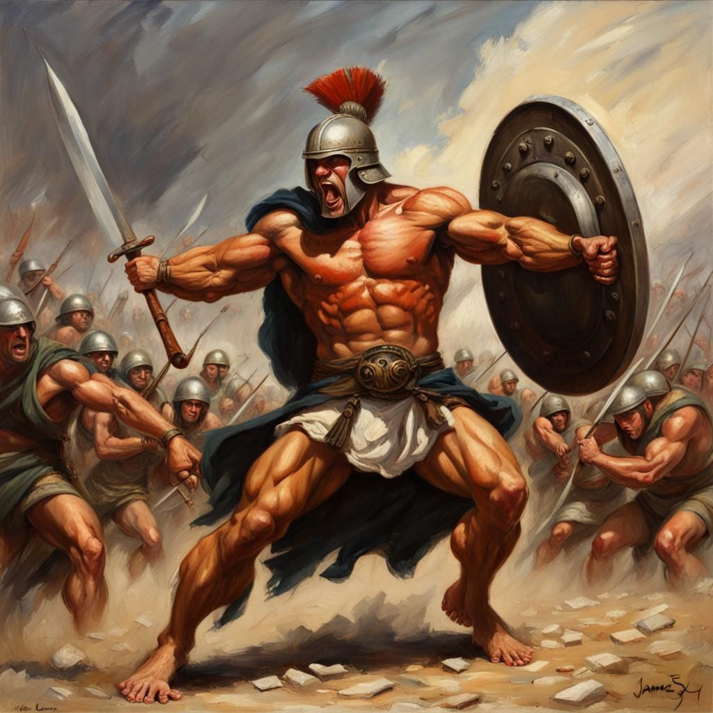Spartan Warrior in Battle, Oil Painting