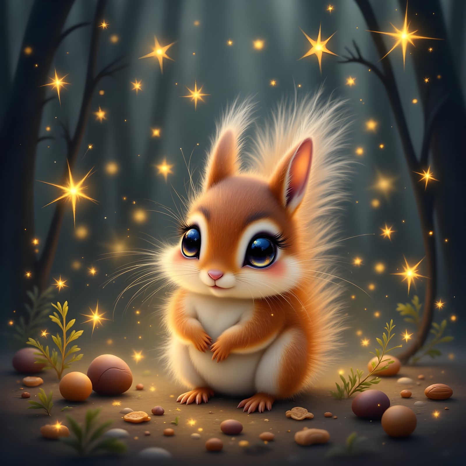 Whimsical Squirrel Plays in a Dark Forest