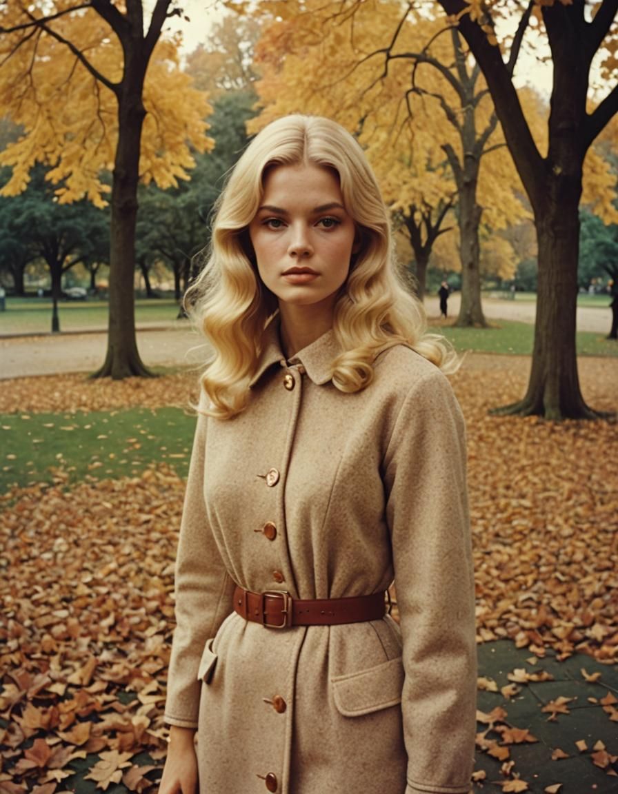 Blond Woman in Autumn Park: Photographic 1960s Aesthetic