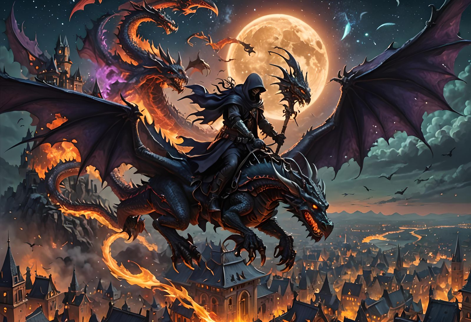 Grim Reaper on Demonic Dragon Over Witch Cities