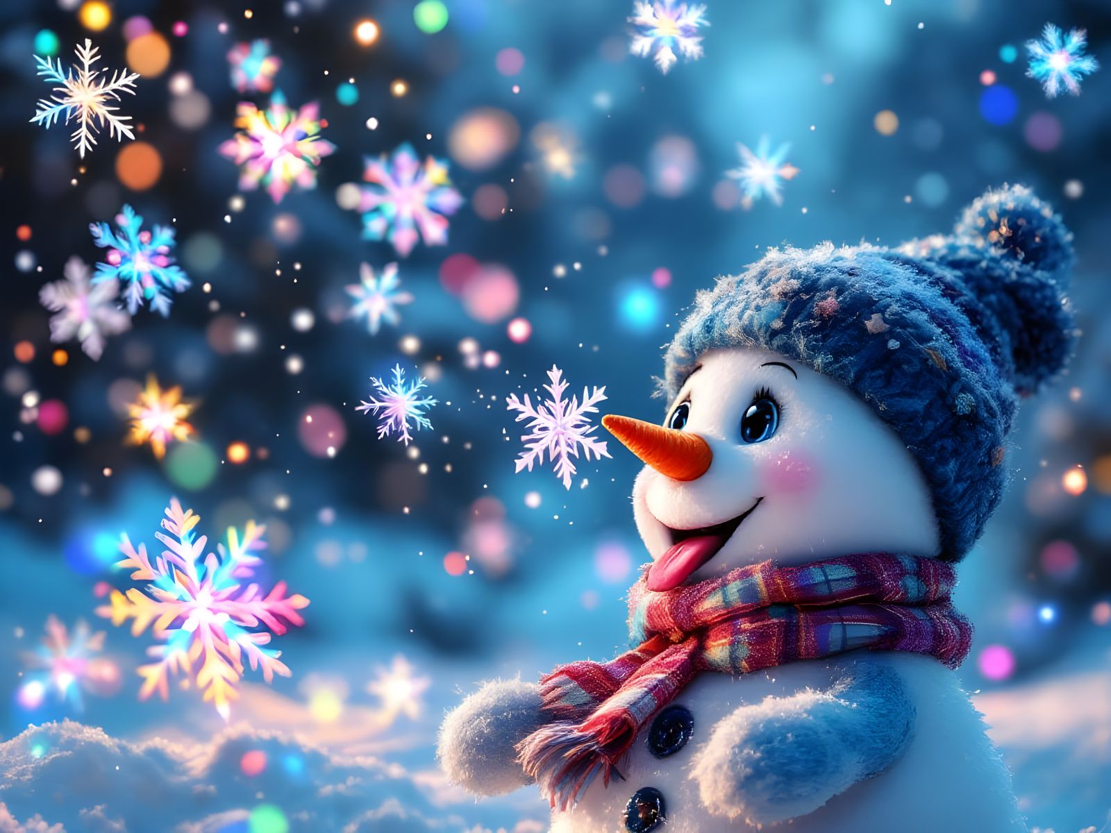 Snowman Catches a Snowflake in Digital Art Style