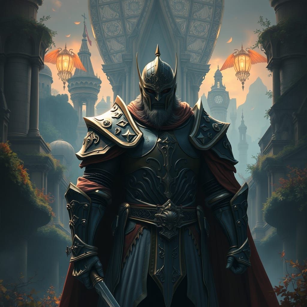 Armored Figure Embodies Integrity in Dreamlike Landscape