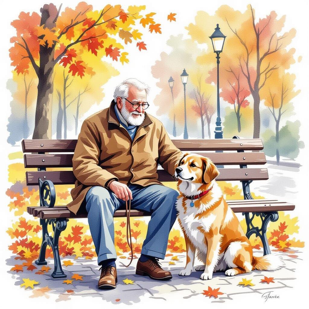 Elderly Man with Dog on Autumn Bench in Watercolor