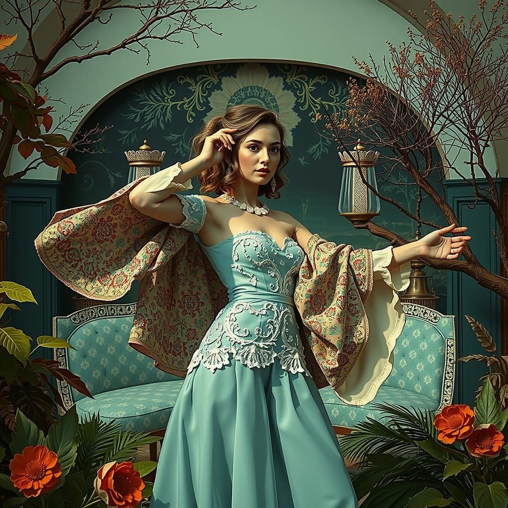 Elegant Woman in Lush Environment, Hyperrealistic Style