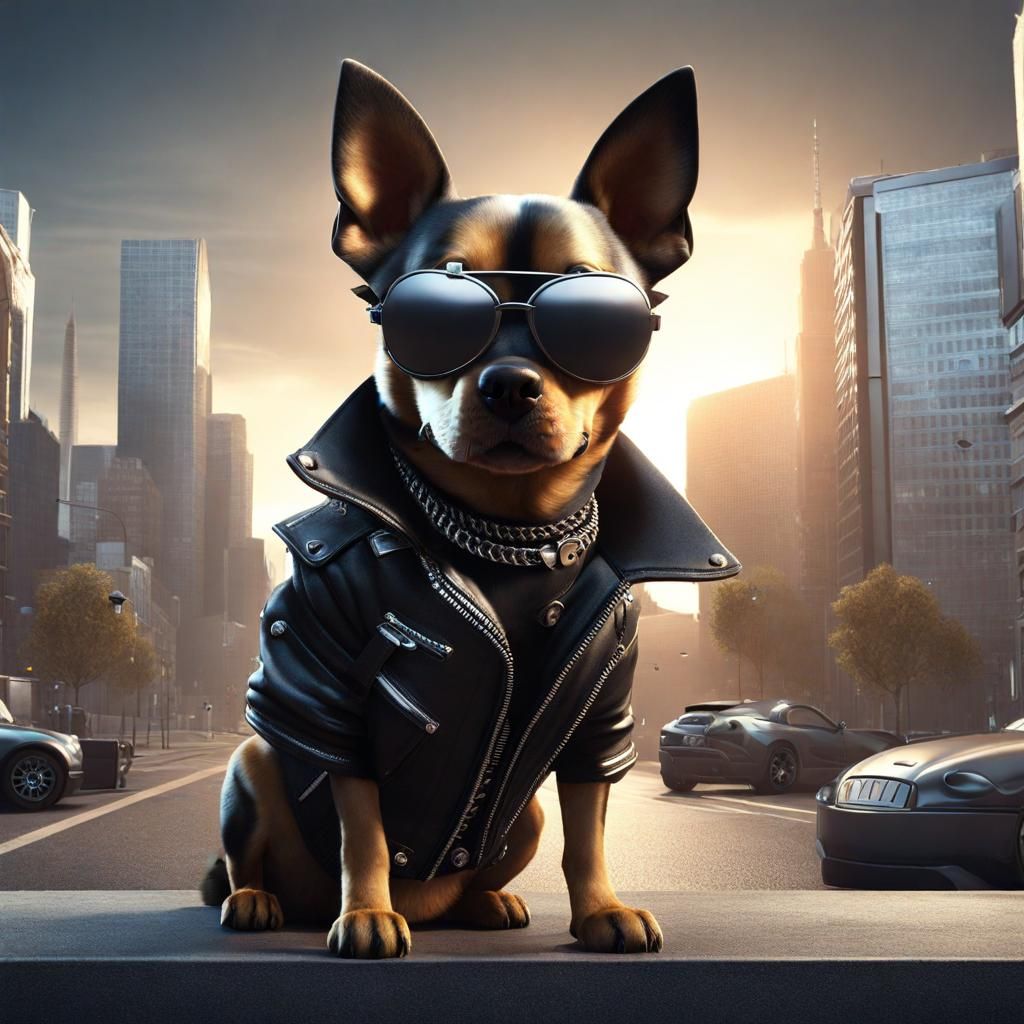 Badass Punk Dog in Cityscape, 3D Render