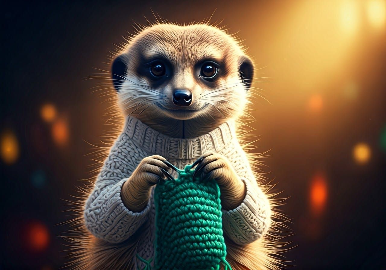 Meerkat Crocheting in a Cozy Surrealist Illustration
