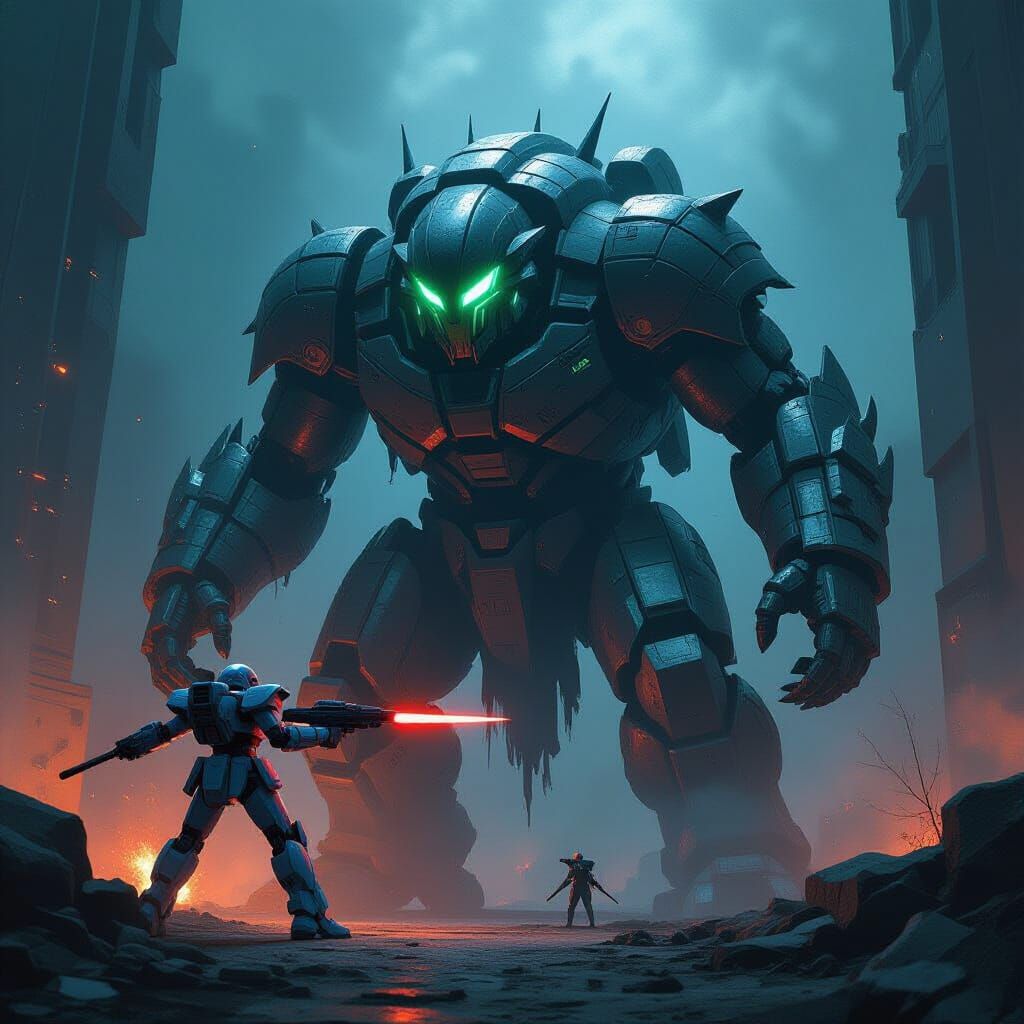 Bioluminescent Troll Battles Gundam in Dark Surrealism