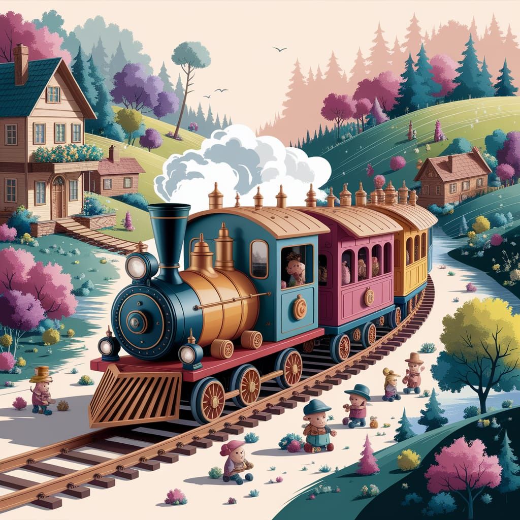 Whimsical Wooden Train Chugs Through Miniature Landscape