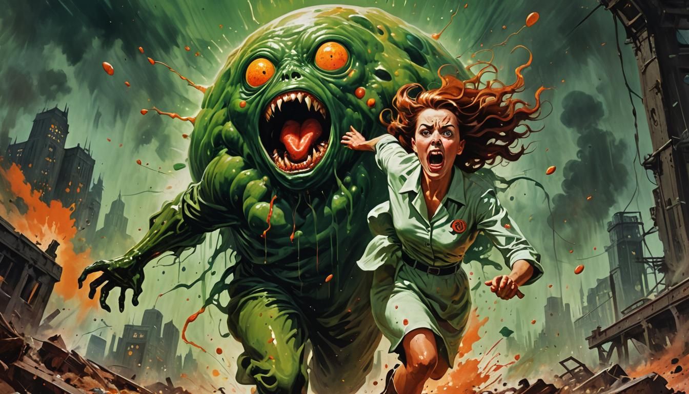 Giant Green Blob Terrorizes Woman: Pulp Art Style
