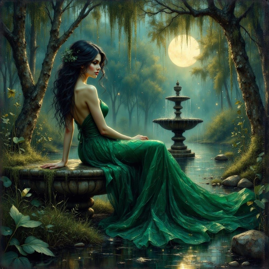Raven-Haired Beauty in Emerald Gown by Moonlight