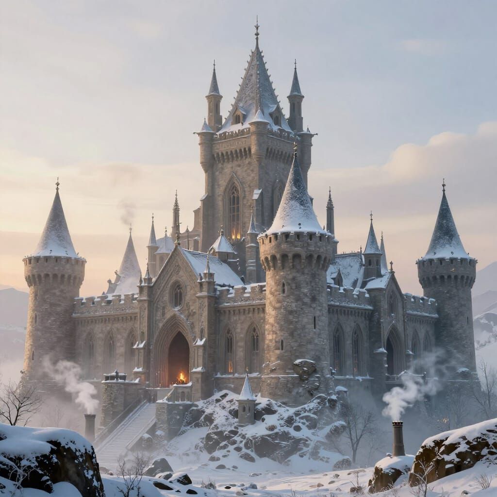 Epic Winter Castle at Dawn in Matte Painting Style