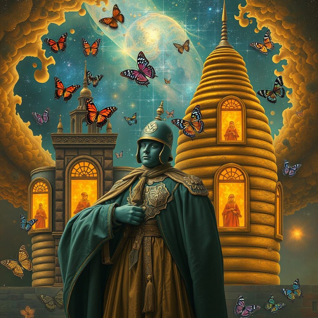 Surreal Palace Guard Amidst Celestial Honey Hive