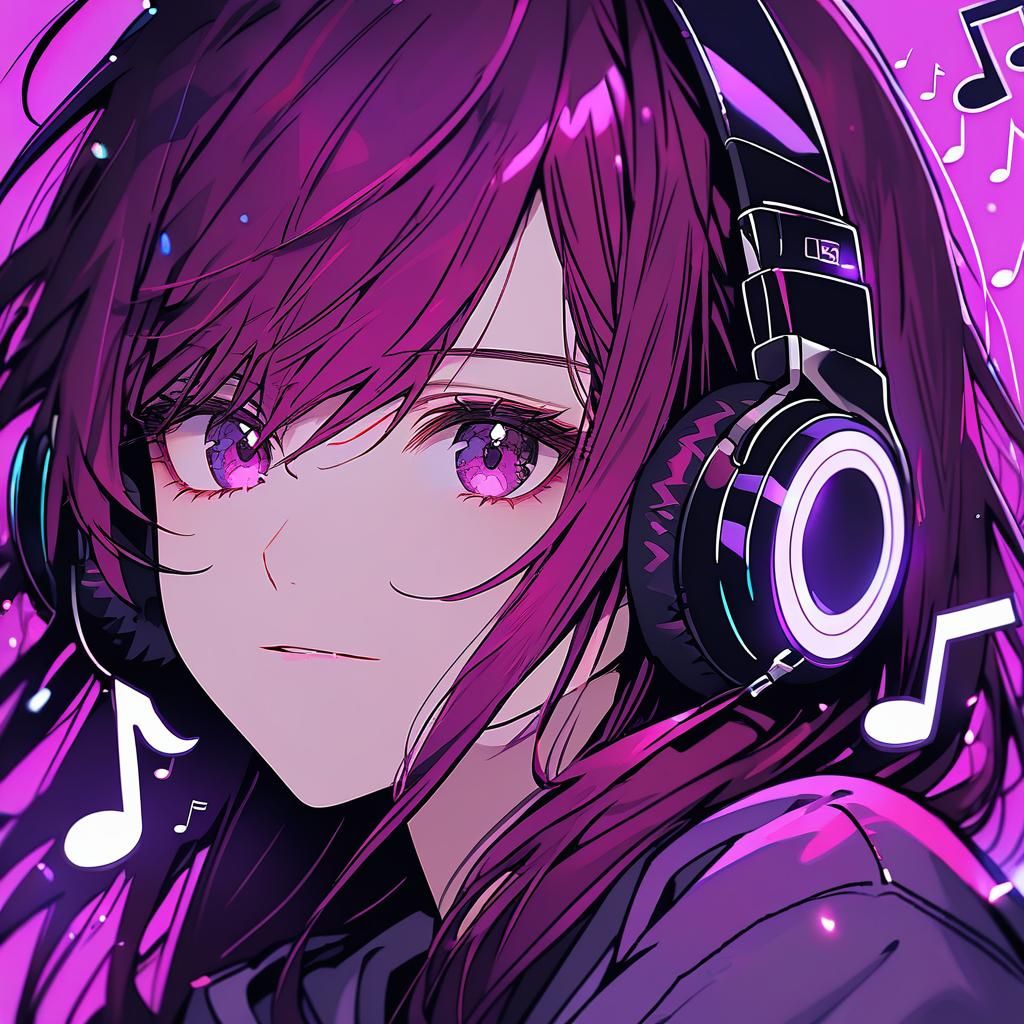 Teenage Girl with Magenta Hair Listening to Music