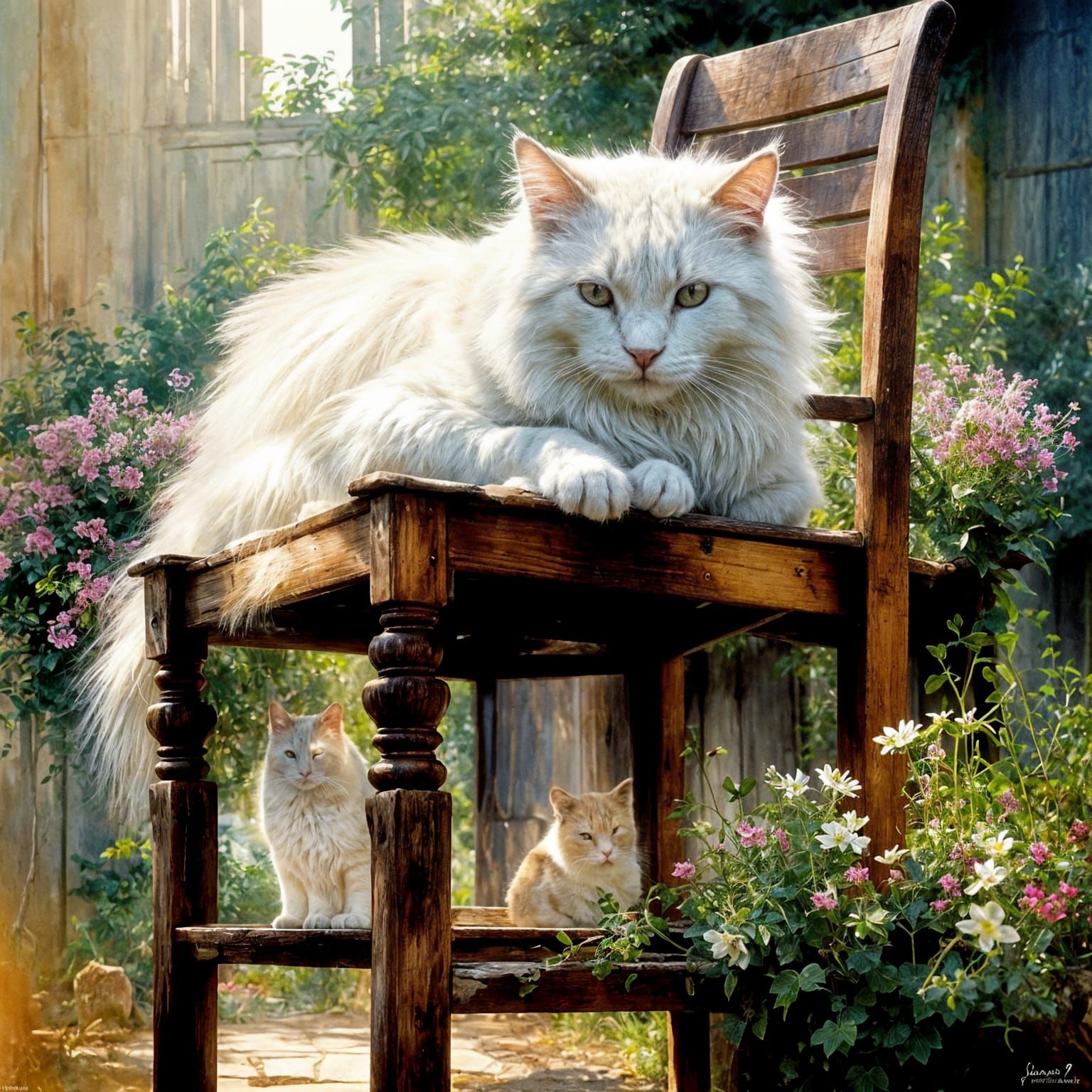 Fluffy Cat Sleeping on Chair in Flower Garden Watercolour
