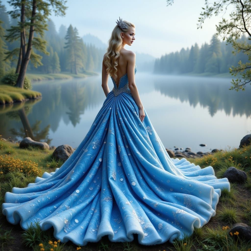 Blonde Snegurochka in Blue Crystal Gown, Misty Russian Winte...