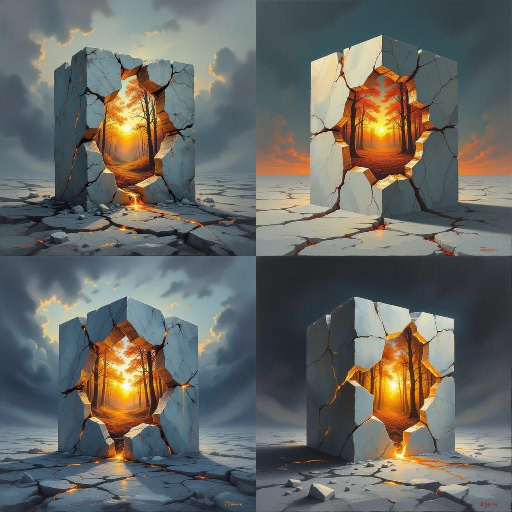 Massive Cracked Cube Reveals Luminous Autumn Forest