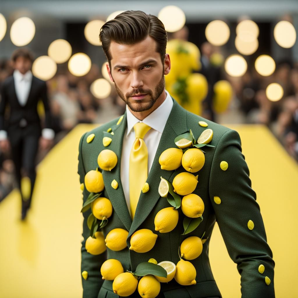 Man in Lemon Suit on Runway: Professional Photography