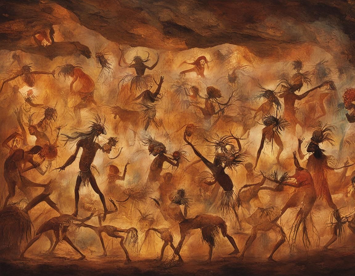 Prehistoric Cave Painting: Ancient Rituals and Hunting Scene...
