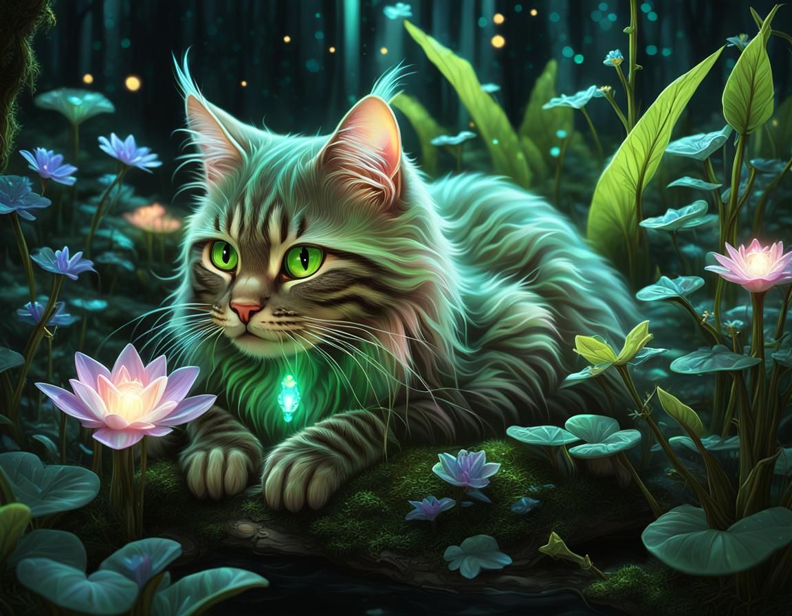 Magical Bioluminescent Maine Coon Cat in Neon Garden