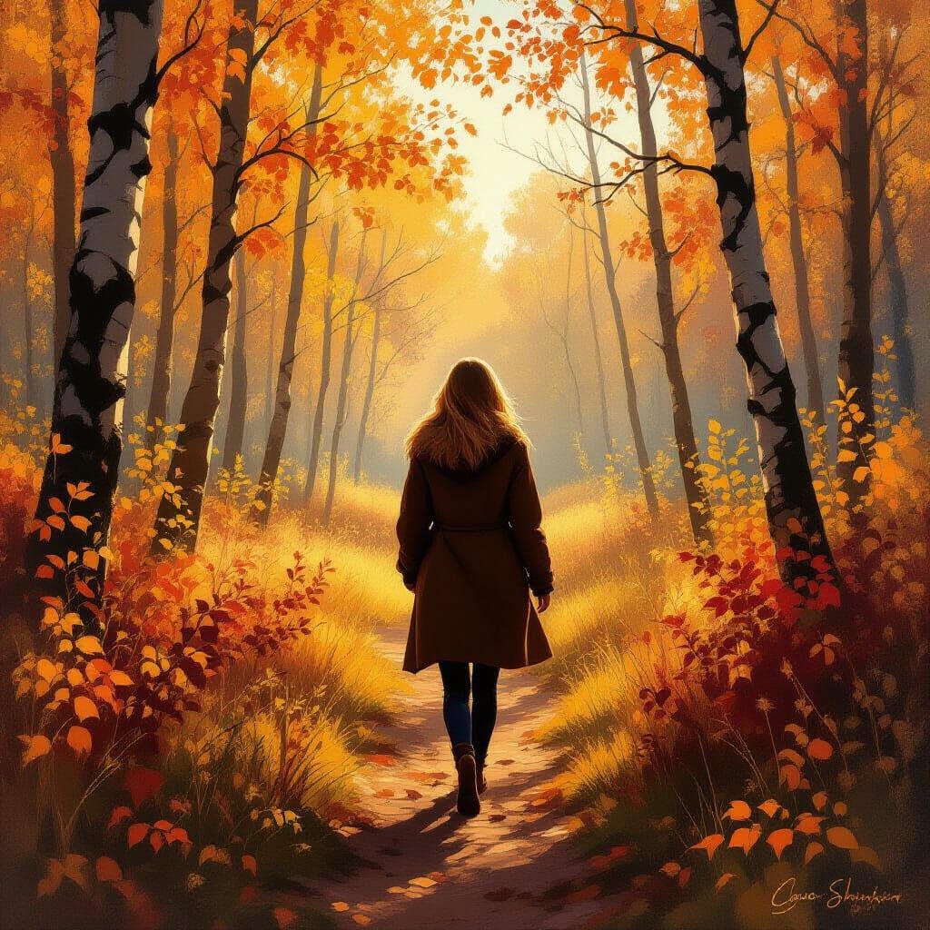 Autumn Forest Walk: Shishkin, Monet, and Shinkai Styles