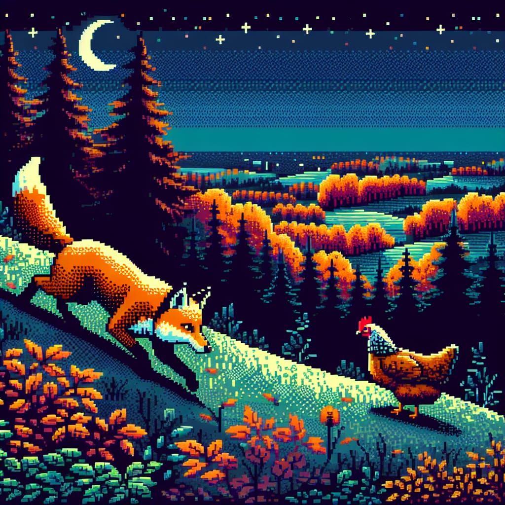 Fox's Night Hunt: 8-bit Autumn Scene