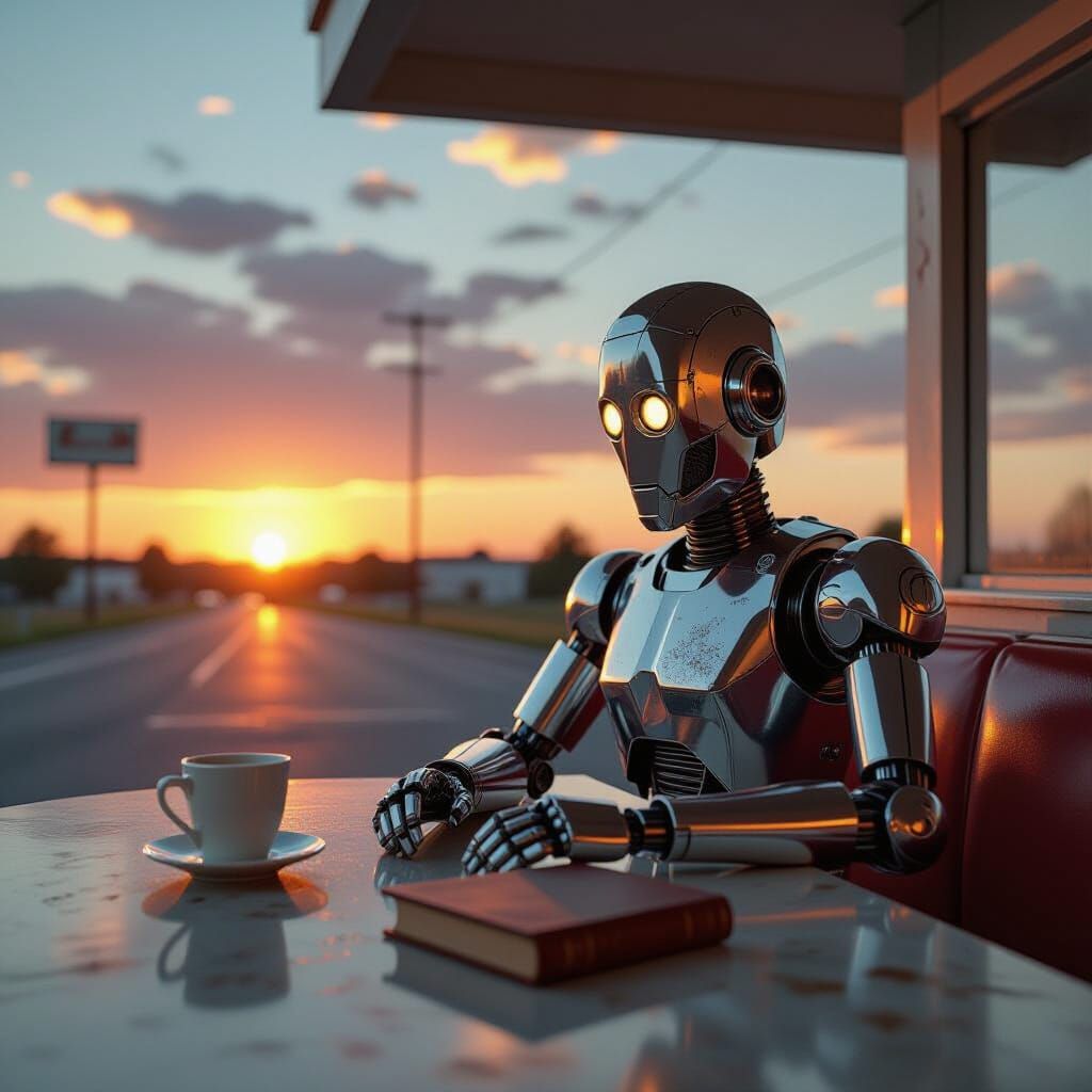 Weathered Automaton at Roadside Diner in Fading Light