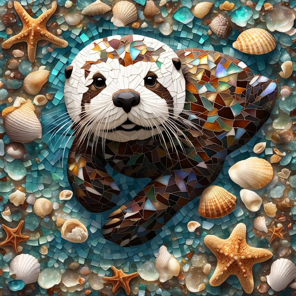 Sea Otter Mosaic Collecting Seashells Underwater