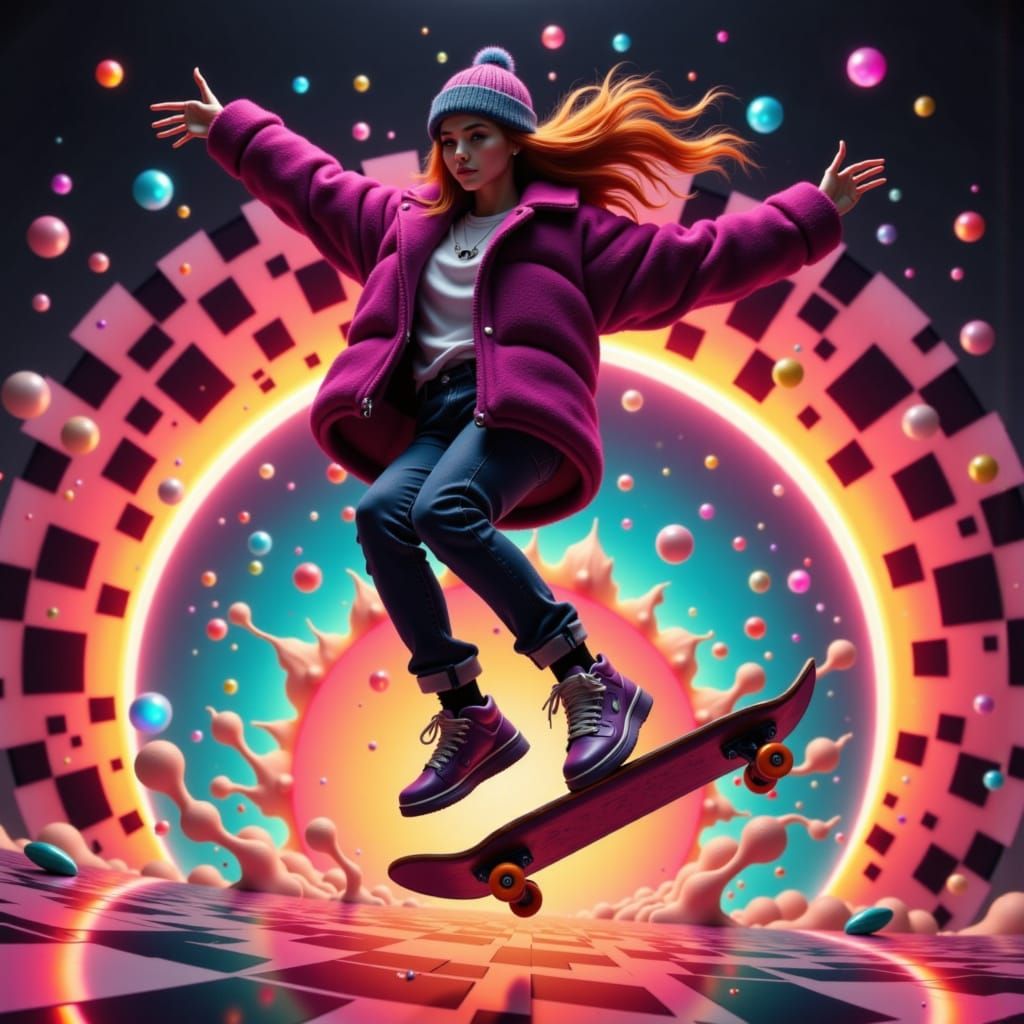 Neon Skater Mid-Air: Retro Cinematic Style