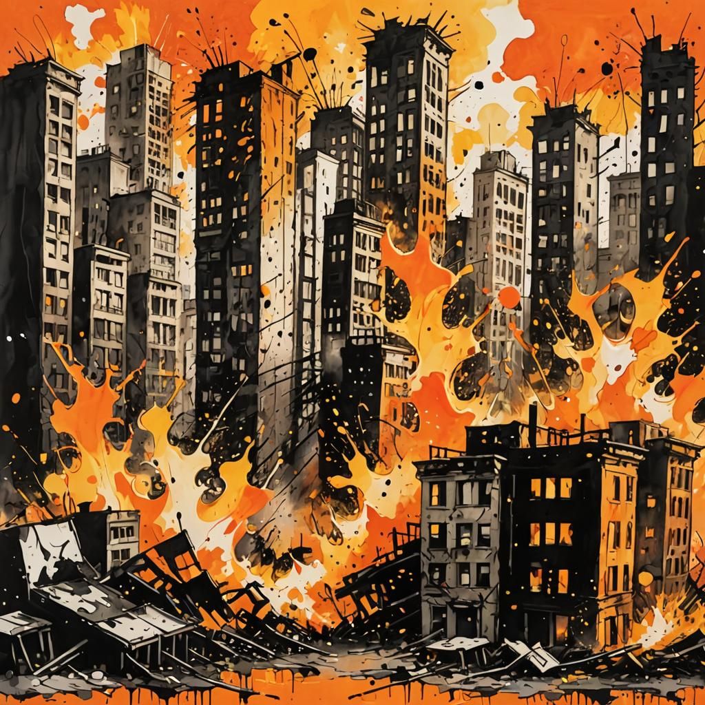 Fiery Ink Splatter Cityscape: Abstract Expressionism