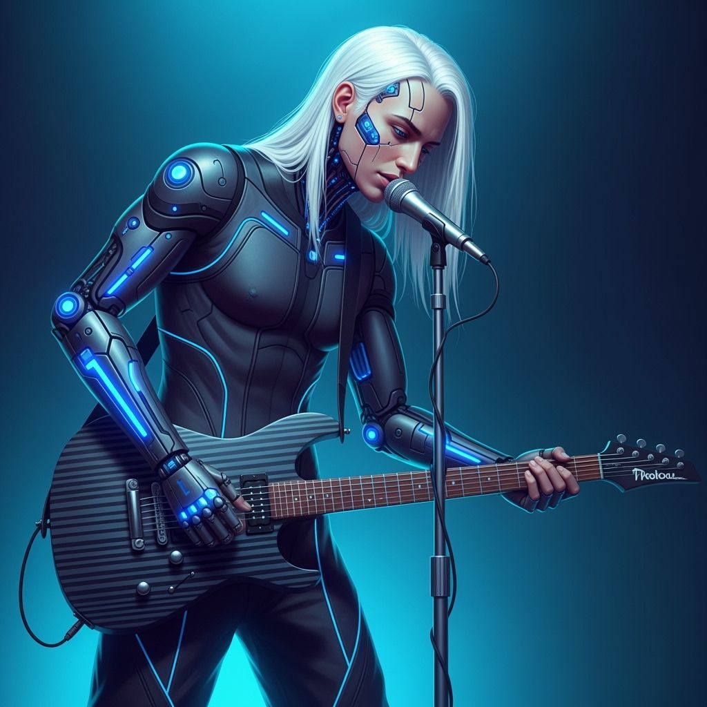 Cyberpunk Android Guitarist With White Hair and Neon Lights