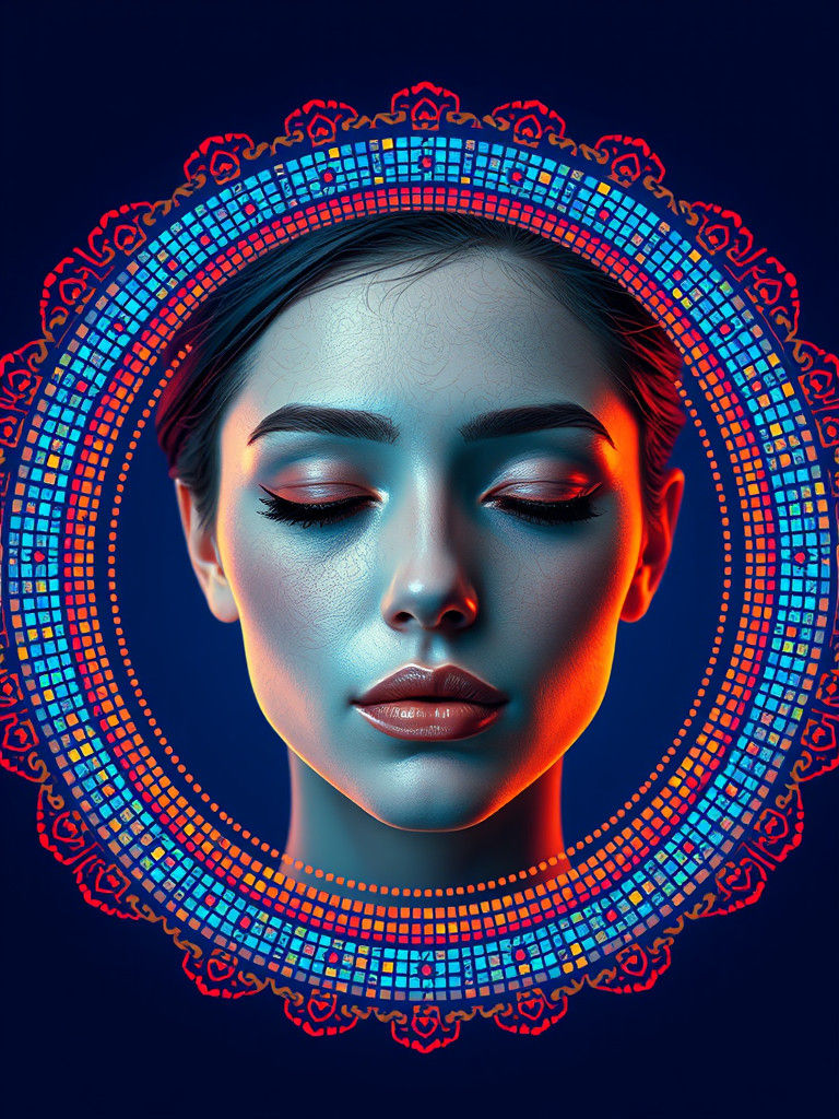 Woman's Face in Ornate Circular Frame: Digital Art