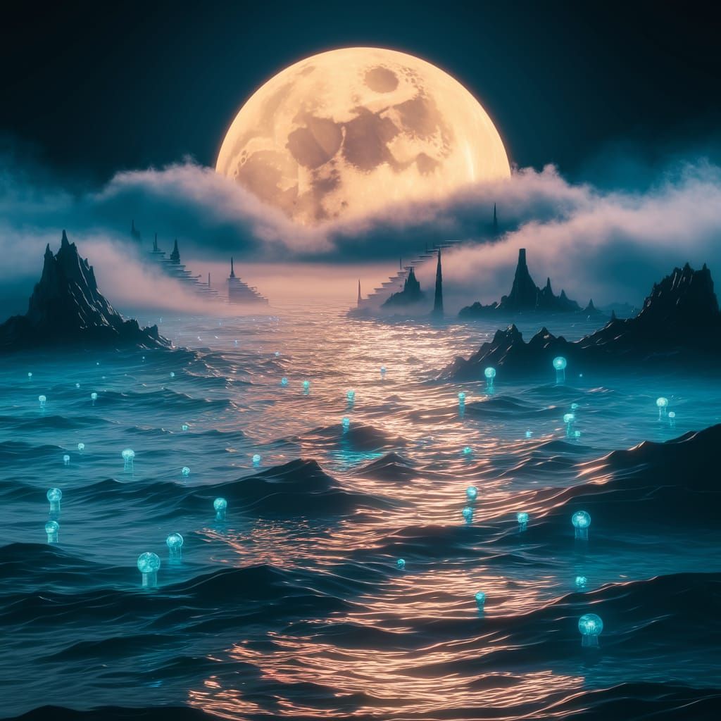 Surreal Blue Landscape Under a Giant Moon