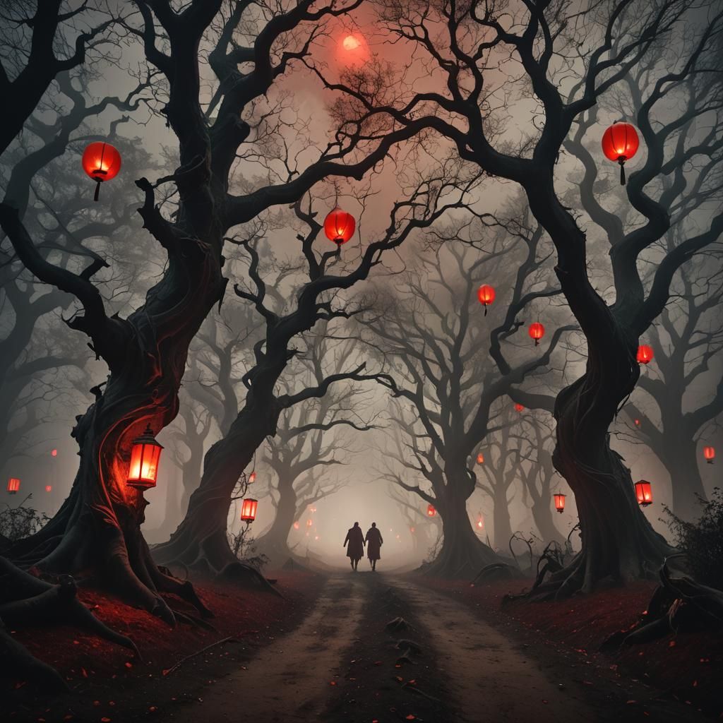 Haunted Forest with Glowing Eyes in Cinematic Fantasy