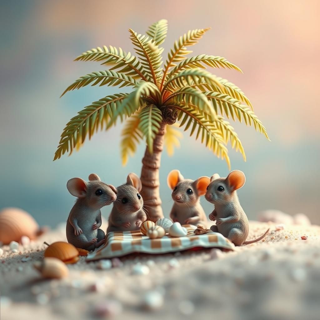 Fantasy Mice Family Picnic Under Palm Tree