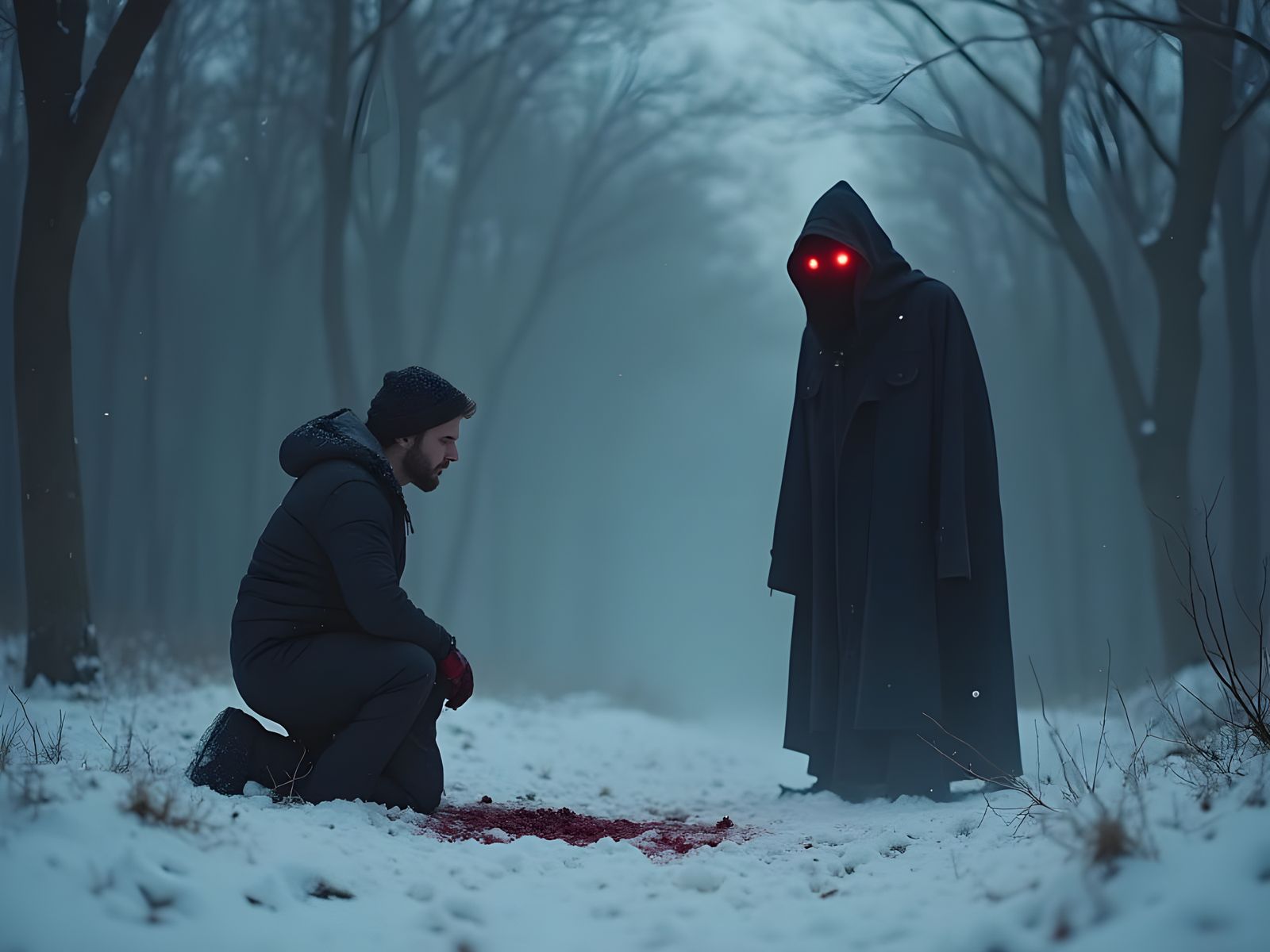 Macabre Forest Clearing: Bleeding Man Watched