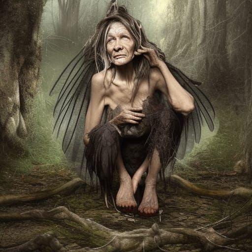 Old Witch with Wings in Forest, Detailed Matte Painting