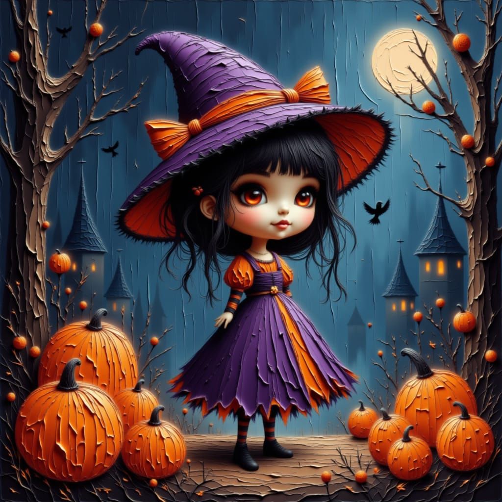 Cute Girl in Whimsical Halloween Costume with Jack-o'-lanter...