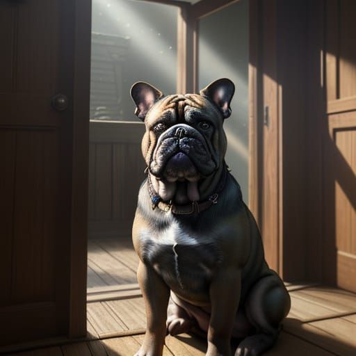 Happy Brindled Bulldog Greets Master in Warm Golden Light, D...