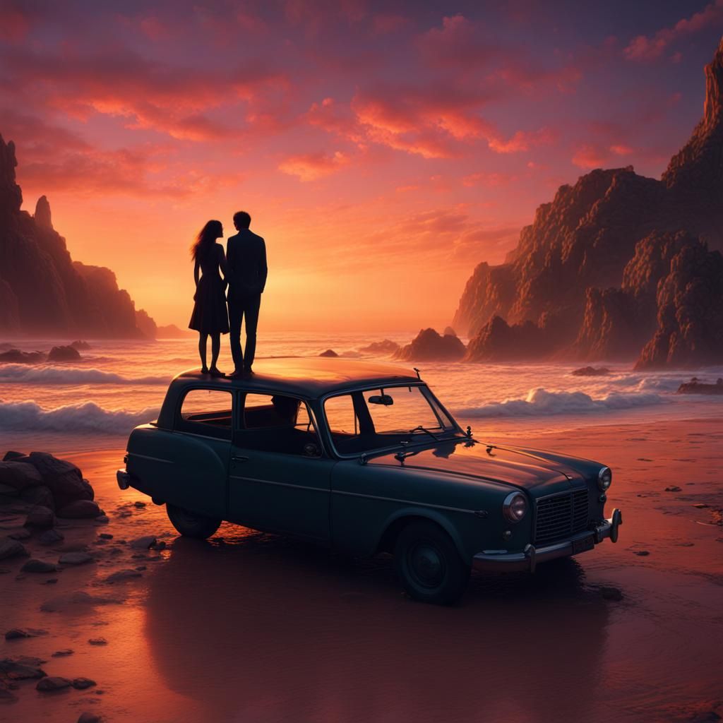 Silhouetted Lovers at Sunset: Fantasy Concept Art