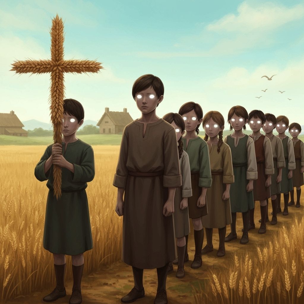 Eerie Village Kids with Glowing Eyes in Wheat Field