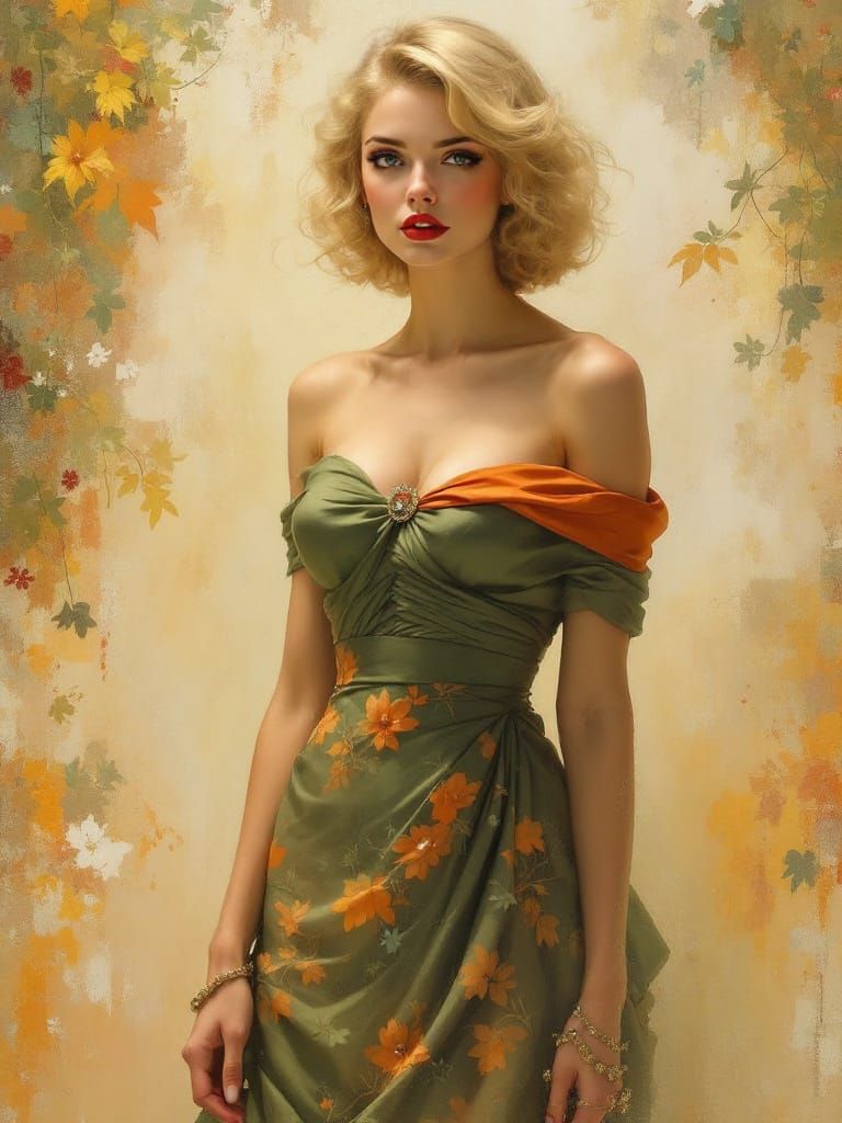 1950s Pin-Up Woman in Green and Orange Satin Dress