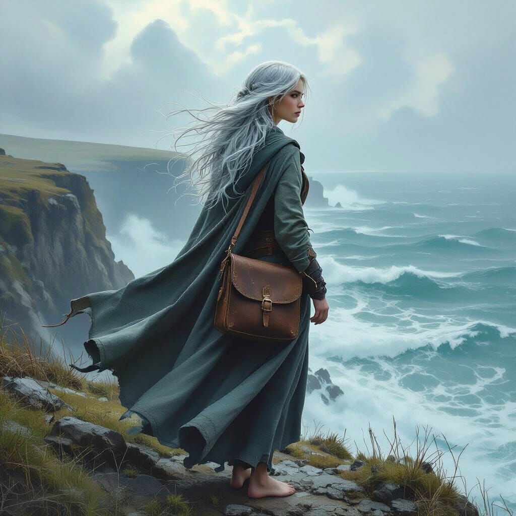 Ethereal Woman on Windswept Cliff as Digital Matte Painting