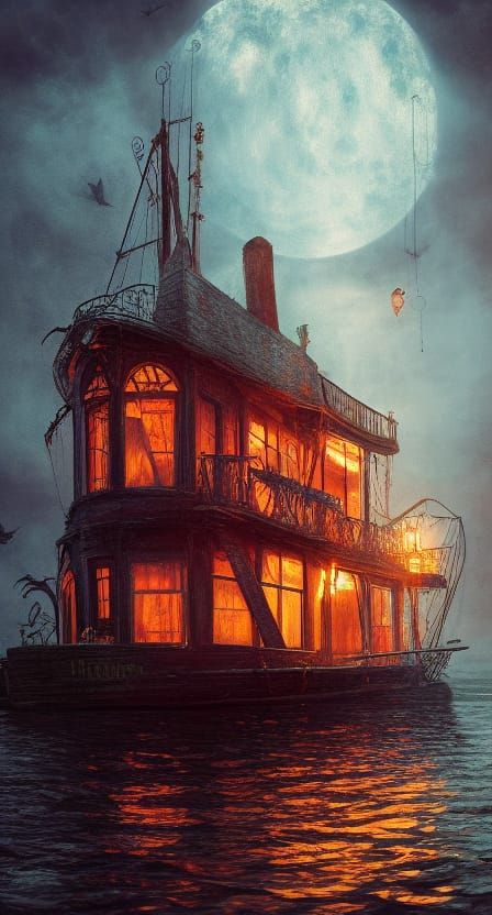 Haunted Houseboat in Romantic Post-Impressionist Style